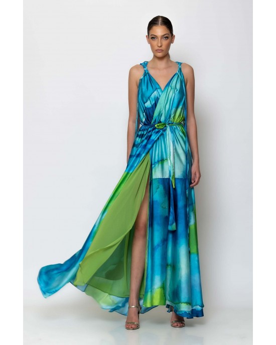 C-Throu Bliss Aqua Maxi Wrap Satin Print Φόρεμα