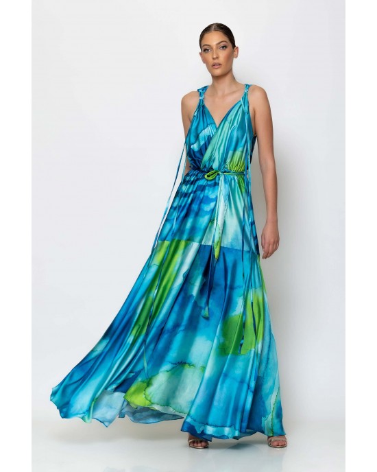 C-Throu Bliss Aqua Maxi Wrap Satin Print Φόρεμα
