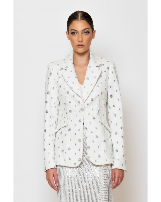 C-Throu Premium White Sequin Embellished Ripped Denim Σακάκι