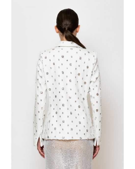 C-Throu Premium White Sequin Embellished Ripped Denim Σακάκι
