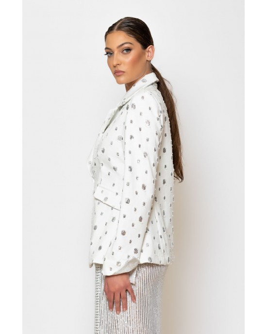 C-Throu Premium White Sequin Embellished Ripped Denim Σακάκι