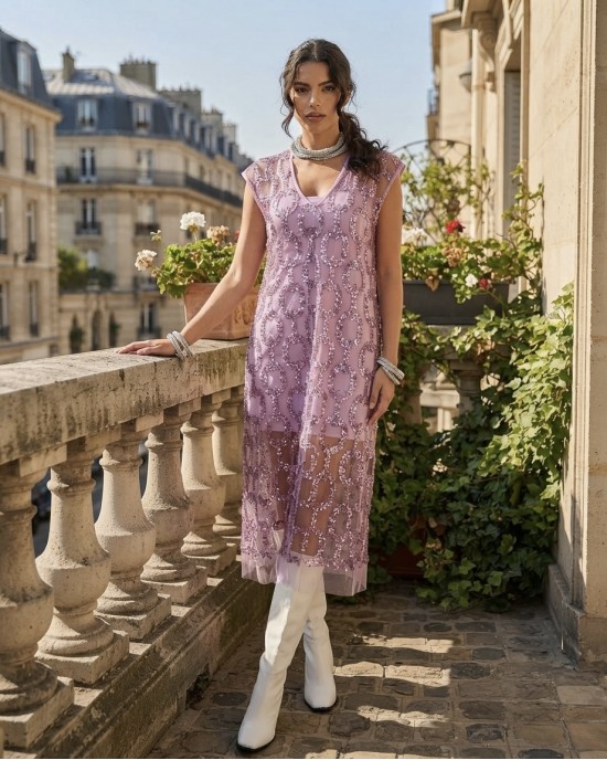 C-Throu Valerie Lilac Midi Φόρεμα Δίχτυ Με Παγιέτα