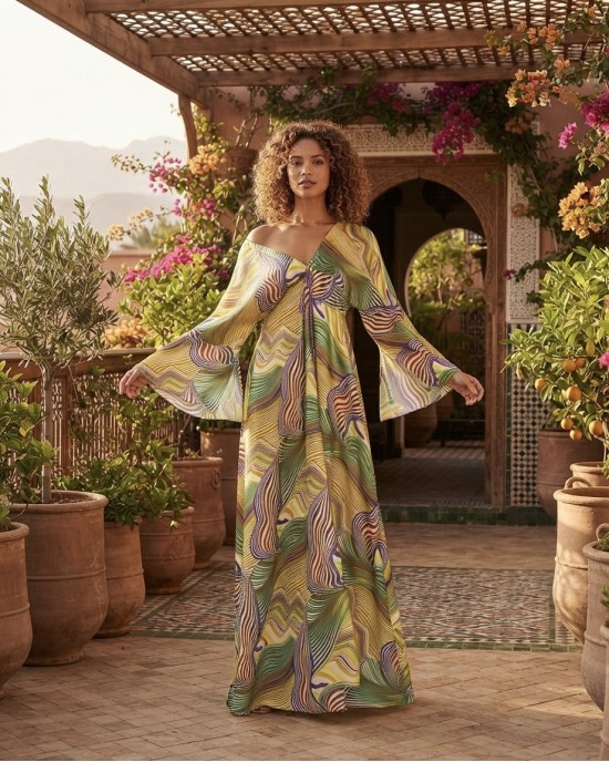 C-Throu Abstract Print Yellow Maxi Φόρεμα