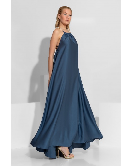 C-Throu Anthurium Blue Open Back Maxi Φόρεμα