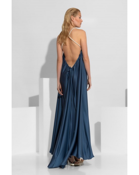 C-Throu Anthurium Blue Open Back Maxi Φόρεμα