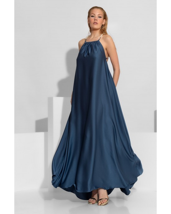 C-Throu Anthurium Blue Open Back Maxi Φόρεμα