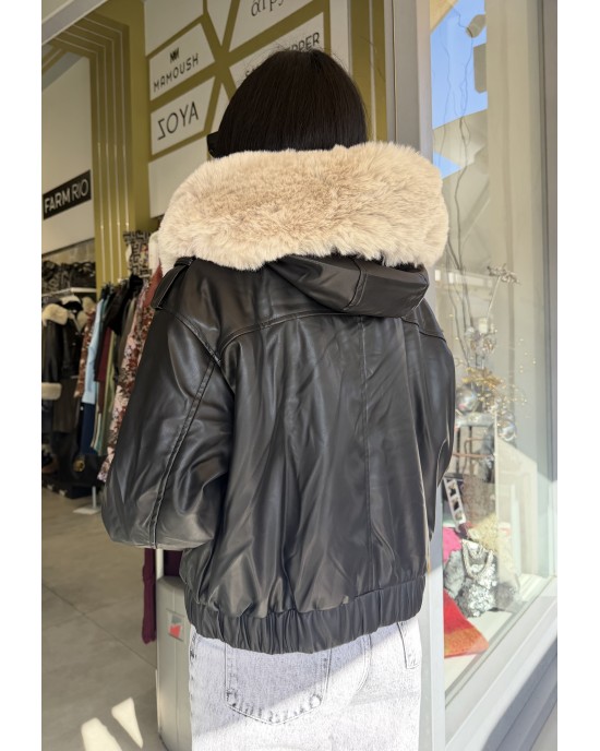 C.Manolo Faux Leather Black Μπουφάν Με Αποσπώμενη Γούνα