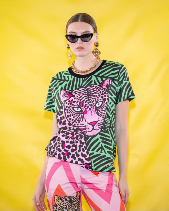 C.Manolo Pink Panther Tropical Green Print T-shirt Μπλούζα
