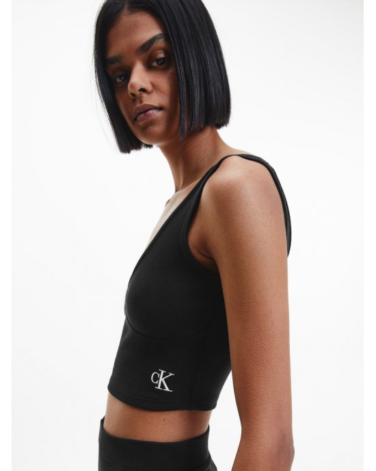 Calvin Klein Cropped Top Αμάνικο Ριμπ Ύφανση Μαύρο