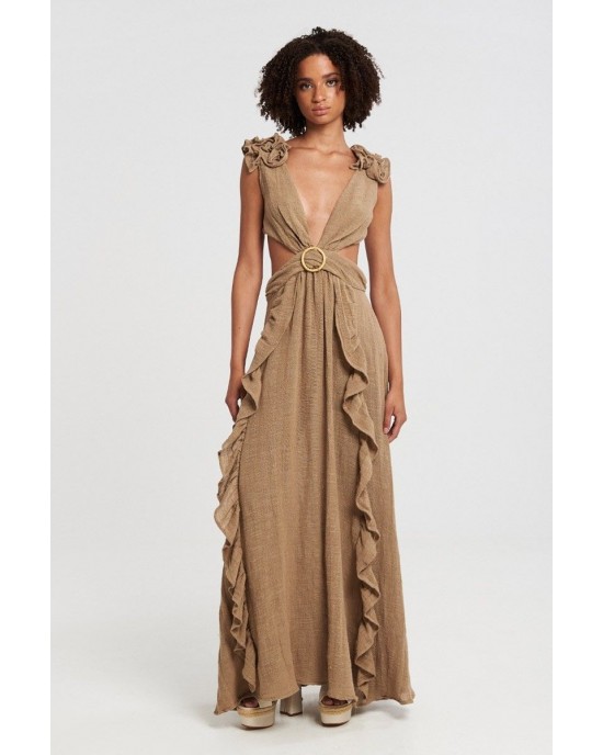 Christelle Nima Gauze Cut Out Gown Desert Beige Maxi Φόρεμα