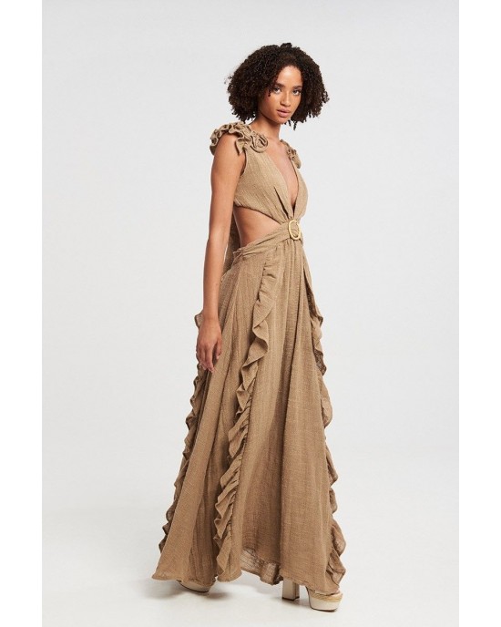 Christelle Nima Gauze Cut Out Gown Desert Beige Maxi Φόρεμα