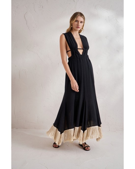 Christelle Nima Gauze Fringed Black Φόρεμα