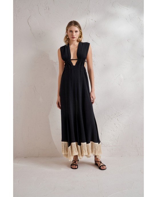 Christelle Nima Gauze Fringed Black Φόρεμα