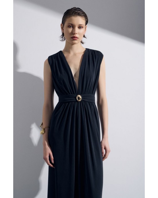 Christelle Nima Draped V-Neck Maxi Black Φόρεμα