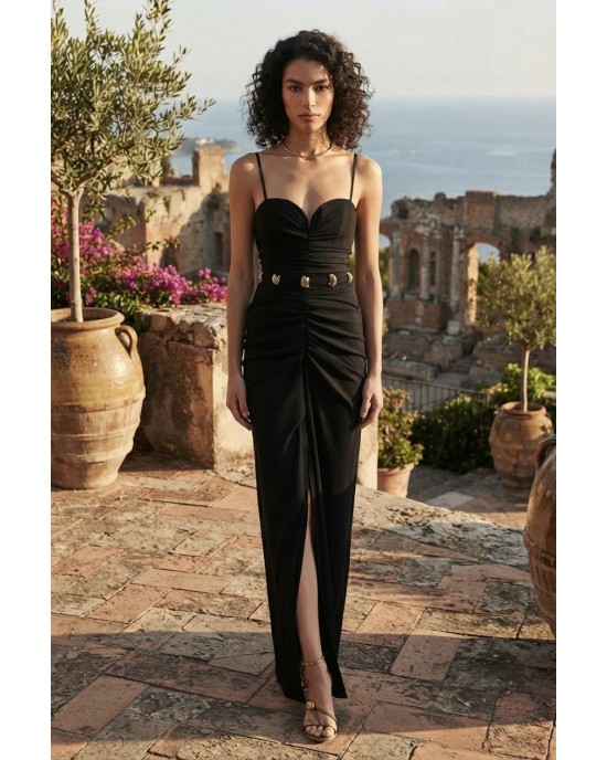 Christelle Nima Heart-Neck Drape Black Maxi Φόρεμα