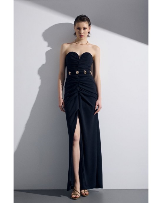 Christelle Nima Heart-Neck Drape Black Maxi Φόρεμα