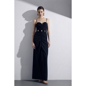Christelle Nima Heart-Neck Drape Black Maxi Φόρεμα
