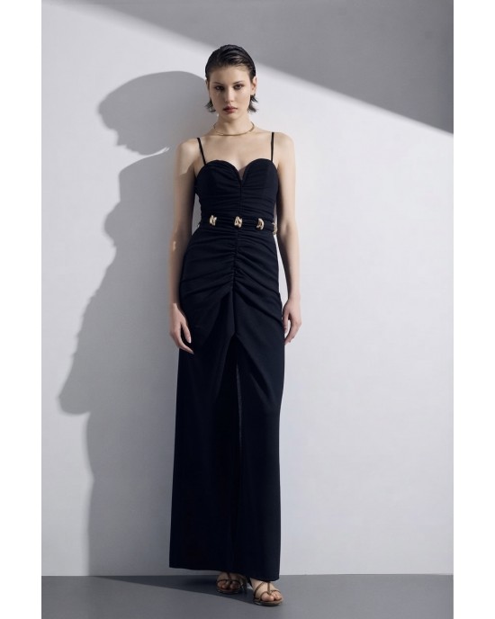 Christelle Nima Heart-Neck Drape Black Maxi Φόρεμα