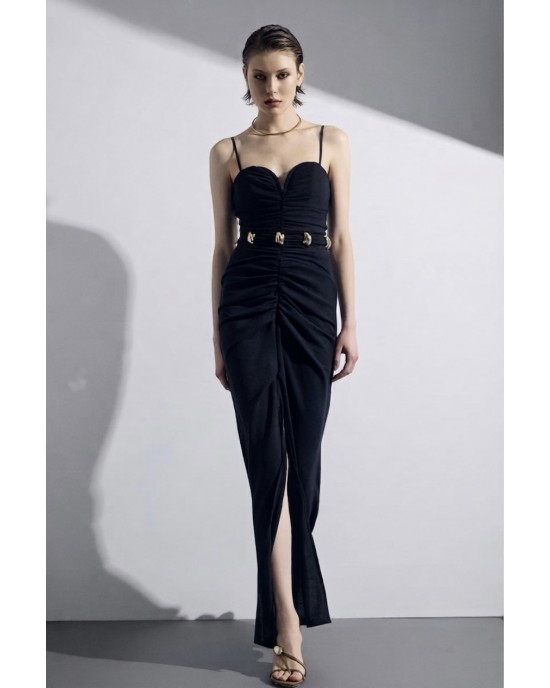 Christelle Nima Heart-Neck Drape Black Maxi Φόρεμα