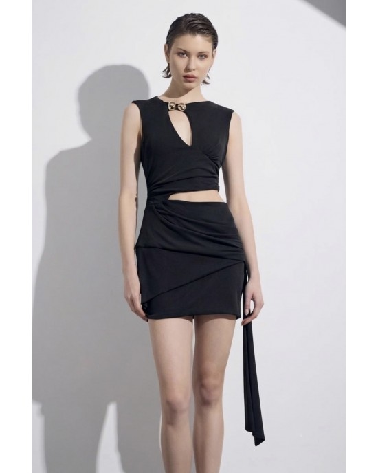 Christelle Nima Cut Out Drape Black Mini Φόρεμα