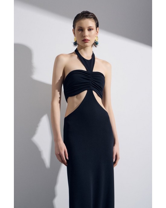 Christelle Nima Halter Neck Cut Outs Maxi Black Φόρεμα