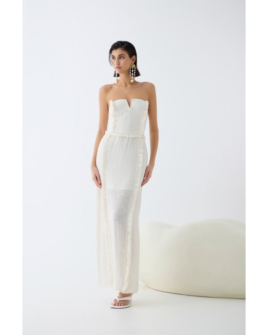 Christelle Nima Ruffle Corset Ecru Maxi Φόρεμα