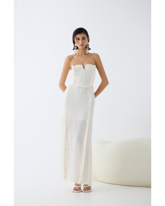 Christelle Nima Ruffle Corset Ecru Maxi Φόρεμα