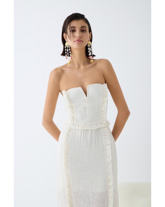 Christelle Nima Ruffle Corset Ecru Maxi Φόρεμα