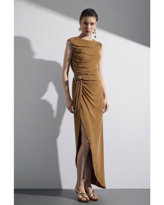 Christelle Nima Side Slit & Metallic Buckle Detail Caramel Φόρεμα