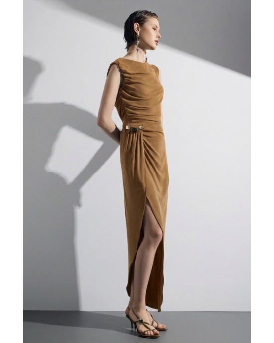 Christelle Nima Side Slit & Metallic Buckle Detail Caramel Φόρεμα