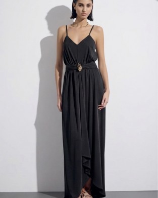 Christelle Nima Gold Detail V-Neck Black Maxi Φόρεμα