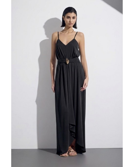 Christelle Nima Gold Detail V-Neck Black Maxi Φόρεμα