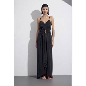 Christelle Nima Gold Detail V-Neck Black Maxi Φόρεμα