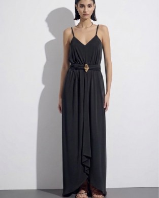 Christelle Nima Gold Detail V-Neck Black Maxi Φόρεμα