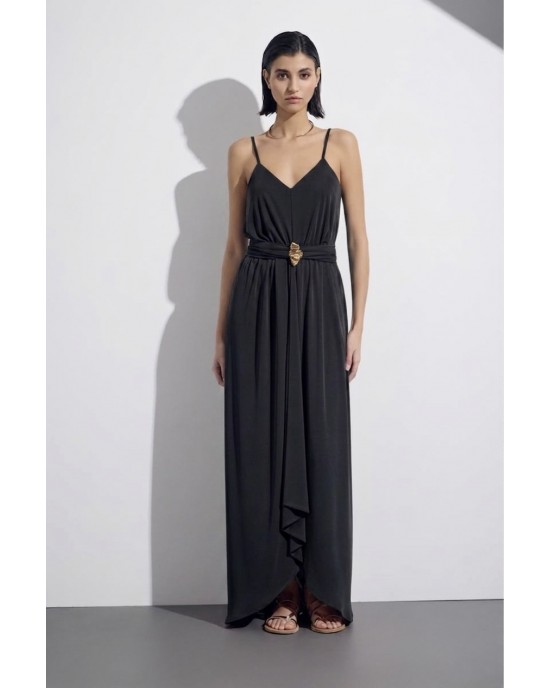 Christelle Nima Gold Detail V-Neck Black Maxi Φόρεμα