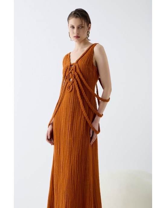 Christelle Nima Sculptural Braided Details Maxi Earthy Rust Φόρεμα