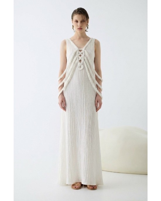 Christelle Nima Sculptural Braided Details Maxi Ecru Φόρεμα