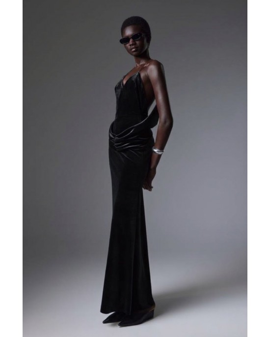 Christelle Nima Backless Velvet Gown Black Maxi Φόρεμα
