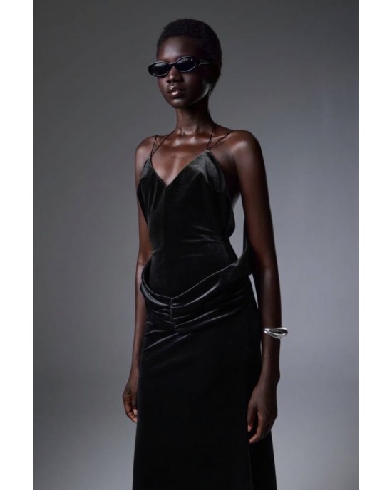 Christelle Nima Backless Velvet Gown Black Maxi Φόρεμα