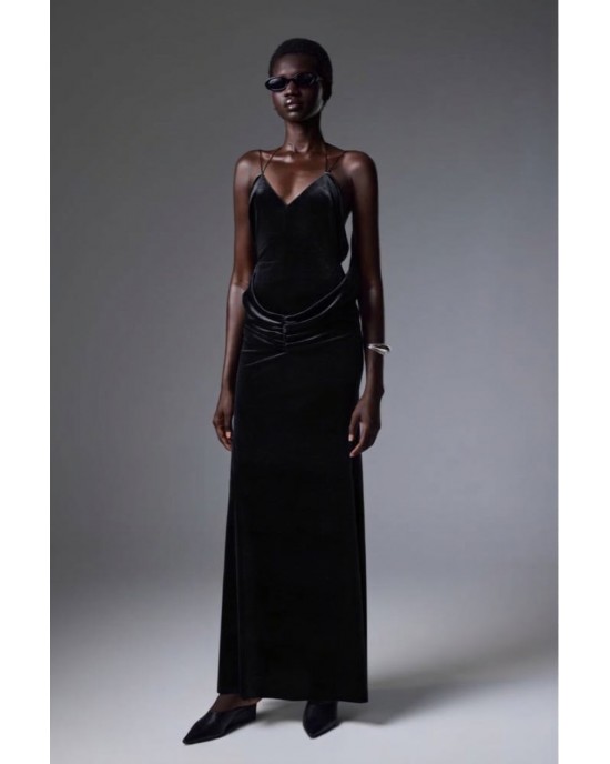 Christelle Nima Backless Velvet Gown Black Maxi Φόρεμα
