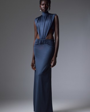 Christelle Nima High-Neck Side Cut-Out Gown Steel Blue Maxi Φόρεμα