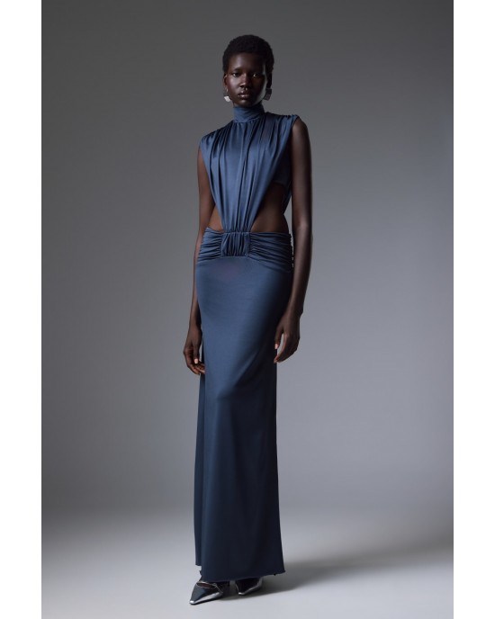 Christelle Nima High-Neck Side Cut-Out Gown Steel Blue Maxi Φόρεμα