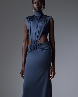 Christelle Nima High-Neck Side Cut-Out Gown Steel Blue Maxi Φόρεμα