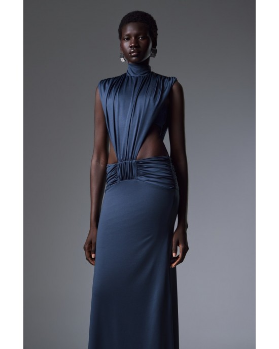 Christelle Nima High-Neck Side Cut-Out Gown Steel Blue Maxi Φόρεμα