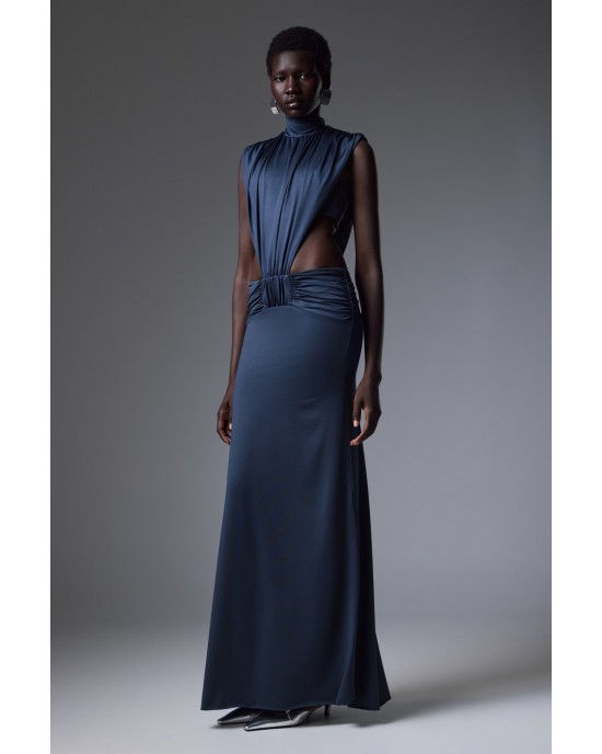 Christelle Nima High-Neck Side Cut-Out Gown Steel Blue Maxi Φόρεμα
