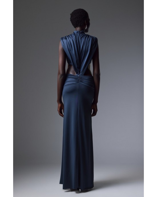 Christelle Nima High-Neck Side Cut-Out Gown Steel Blue Maxi Φόρεμα