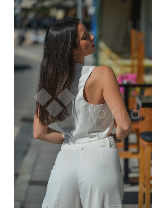 Ckontova Vest Γιλέκο With Button & Παντελόνι With Pockets White