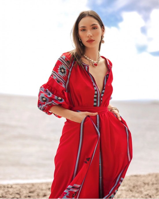 Eirianna Belted Oversized Red Maxi Φόρεμα