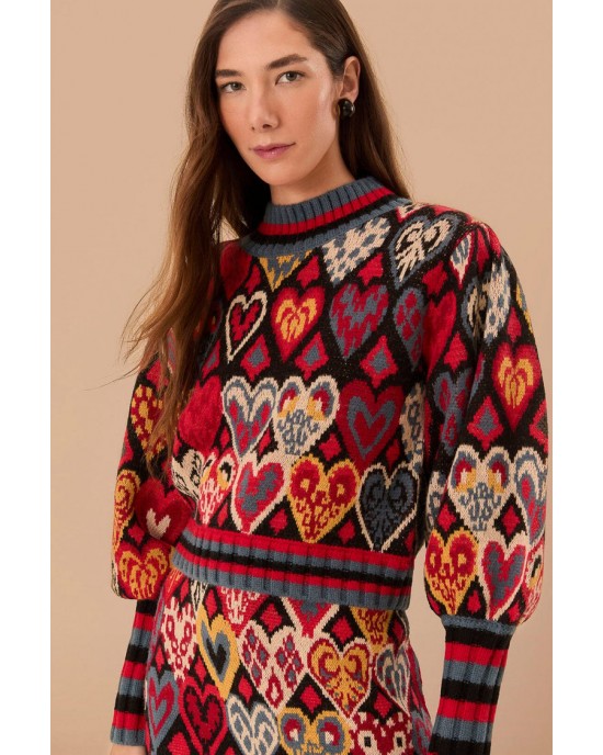 Farm Rio Black Hearts Ikat Knit Πουλόβερ