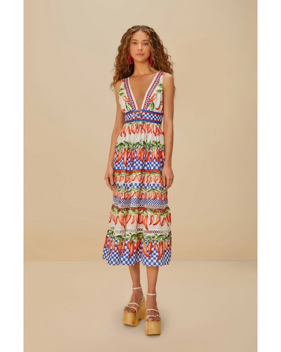 Farm Rio Picnic Peppers Ainika Off-White Midi Φόρεμα